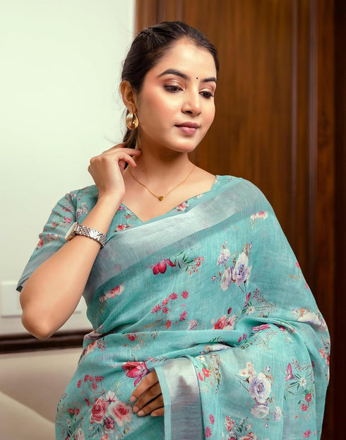 Vasthrlay Womens Printed Turquoise Saree With Unstitched Blouse Piece