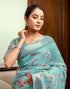 Vasthrlay Womens Printed Turquoise Saree With Unstitched Blouse Piece