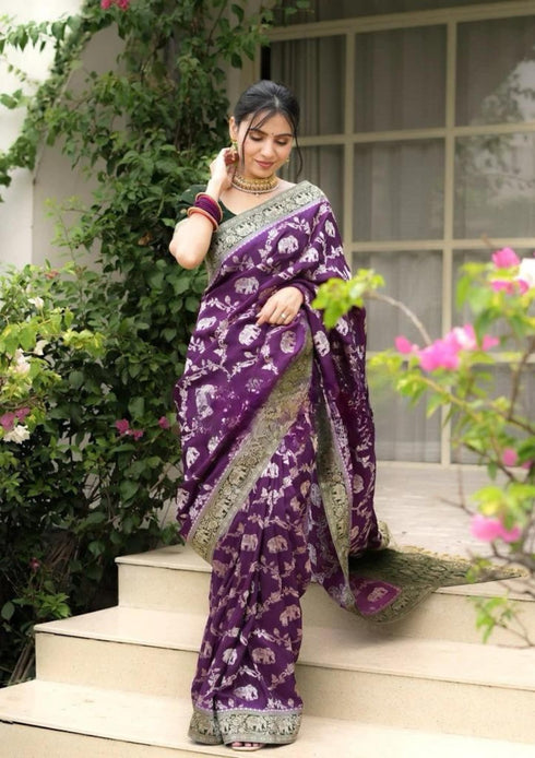 Vasthrlay Banarasi Elephant Unstitched Saree