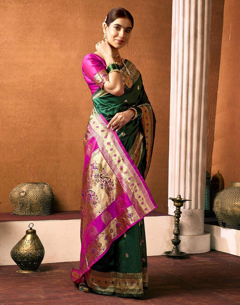 Vasthrlay Paithani Banarasi Unstitched Green Saree