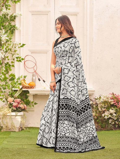 Vasthrlay Womens Abstract Unstitched Off White Saree