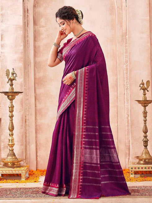 Vasthrlay Kanjivaram Weaving Purple Saree With Unstitched Blouse Piece