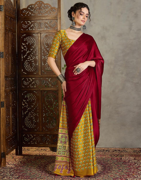 Vasthrlay Printed Tassels Unstitched Maroon Saree