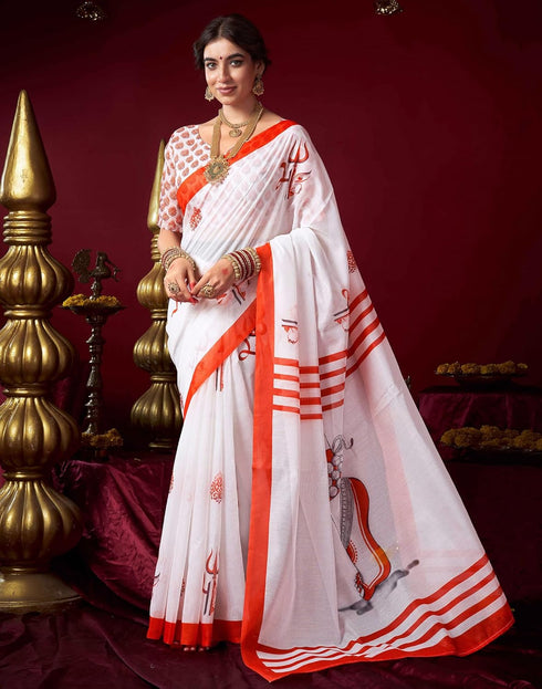 Vasthrlay Womens Printed Unstitched White Saree