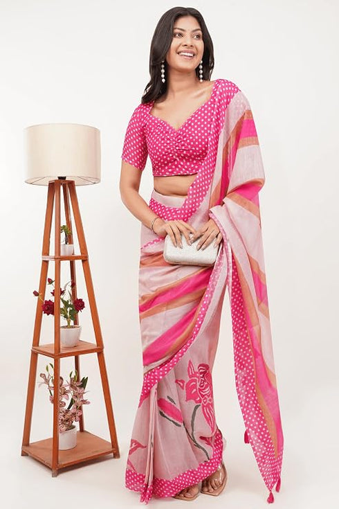 Vasthrlay Womens Pink Paisley Printed Linen Saree With Unstitched Blouse Piece