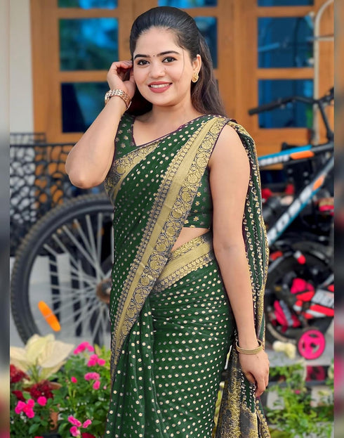 Vasthrlay Womens Banarasi Unstitched Olive Green Saree