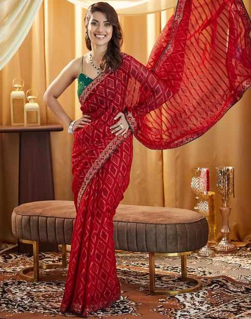Vasthrlay Georgette Bandhani Unstitched Red Saree