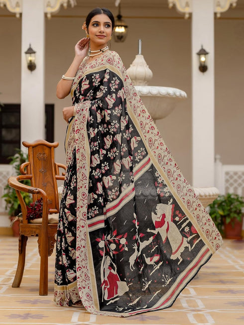 Vasthrlay Womens Printed Unstitched Beige Saree