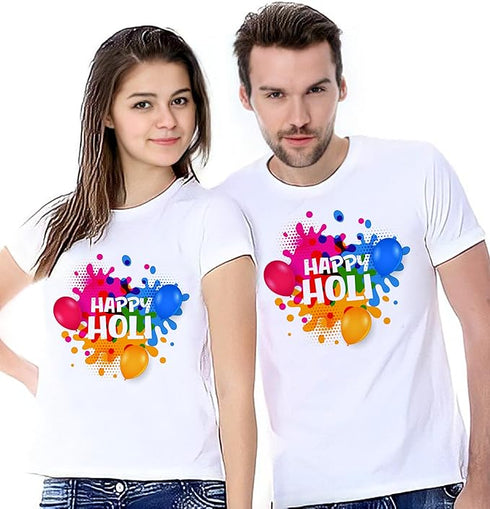 Vasthrlay Happy Holi Printed Holi Couple T-Shirts