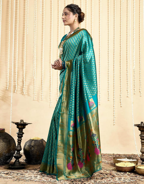 Vasthrlay Jacquard Paithani Unstitched Teal Saree