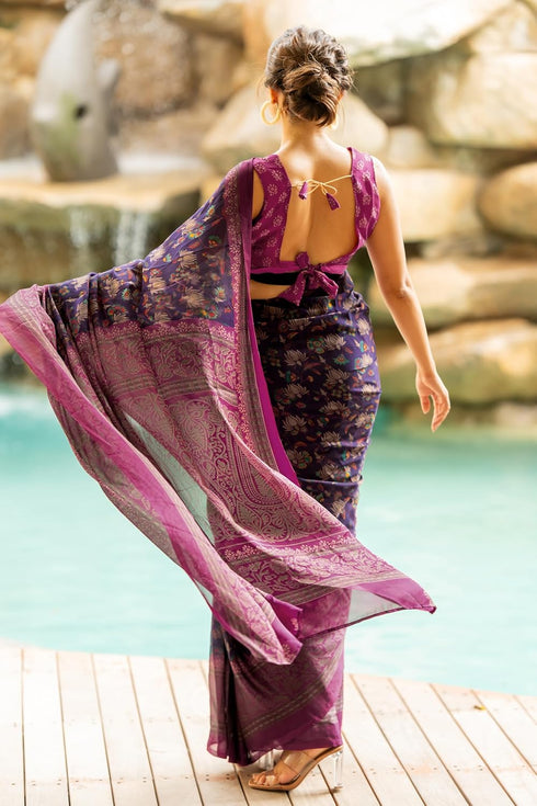 Vasthrlay Fashion Chiffon Printed Navy Ethnic Wear