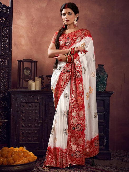 Vasthrlay Pedding Jacquard Unstitched White Saree