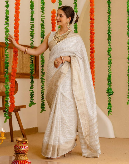 Vasthrlay Special Weaving Unstitched Off White Saree