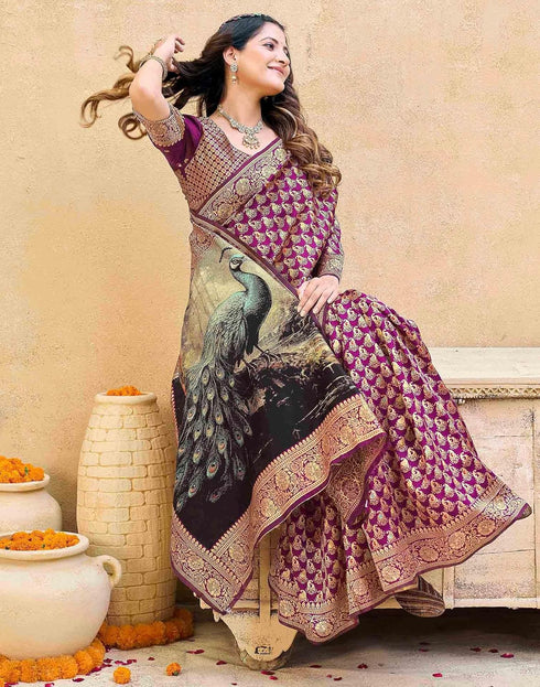 Vasthrlay Womens Weaving Purple | Gold Saree With Unstitched Blouse Piece