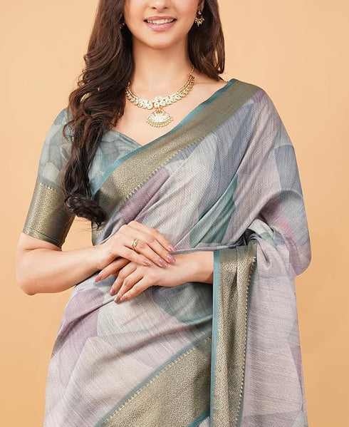 Vasthrlay Multicolour Geometric Triangle Print Polyester Saree With Muted Gold Zari Border And Teal Blue Ruched Unstitched Blouse Piece