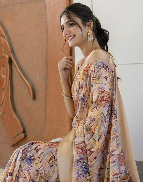 Vasthrlay Womens Striped Light Beige Saree With Unstitched Blouse Piece