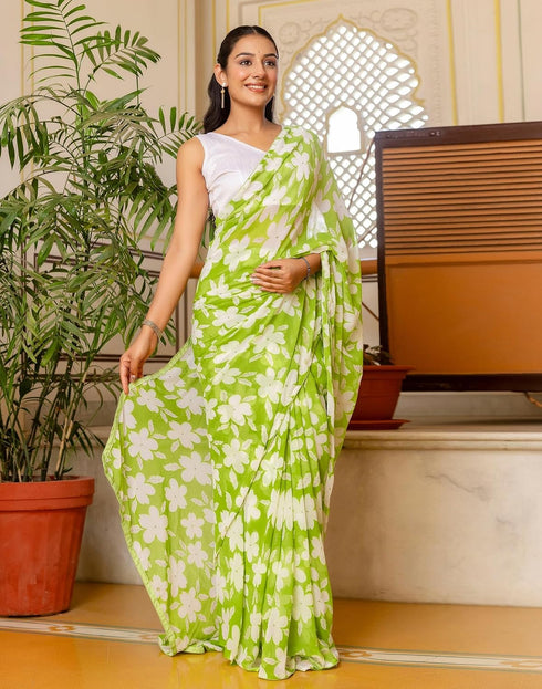 Vasthrlay Georgette Printed Parrot Green Saree With White Unstitched Blouse Piece