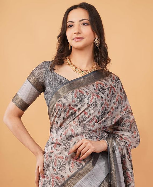 Vasthrlay Slate Grey Abstract Floral Polyester Saree With Zari Border And Ruched Unstitched Blouse Piece