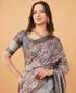 Vasthrlay Slate Grey Abstract Floral Polyester Saree With Zari Border And Ruched Unstitched Blouse Piece