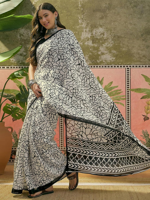 Vasthrlay Womens Printed Unstitched Beige Saree