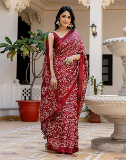 Vasthrlay Bandhani Printed Dark Red Saree With Unstitched Blouse Piece