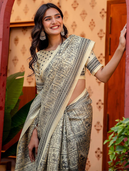 Vasthrlay Womens Printed Beige Saree With Unstitched Blouse Piece