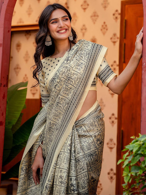 Vasthrlay Womens Printed Unstitched White Saree