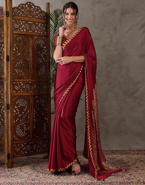 Vasthrlay Printed Tassels Unstitched Red Saree