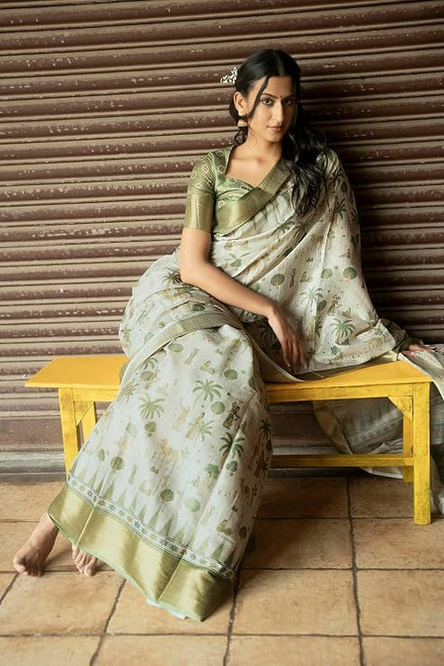 Vasthrlay Sage Green Abstract Print Polyester Saree With Zari Border And Unstitched Blouse Piece