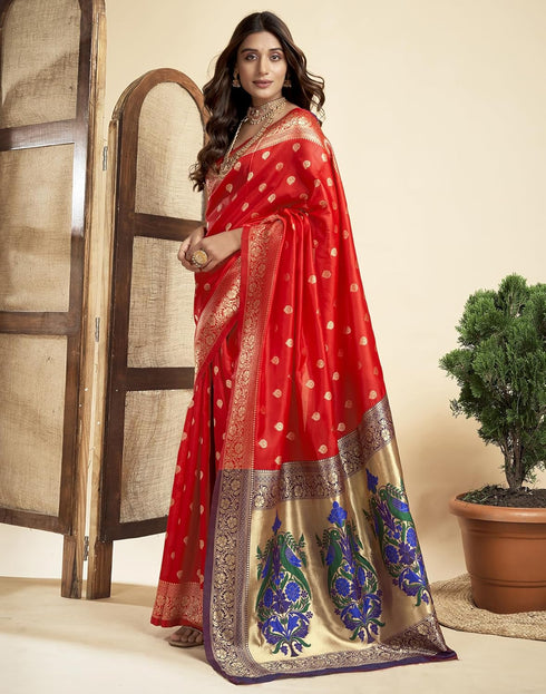 Vasthrlay Banarasi Weaving Unstitched Red Saree