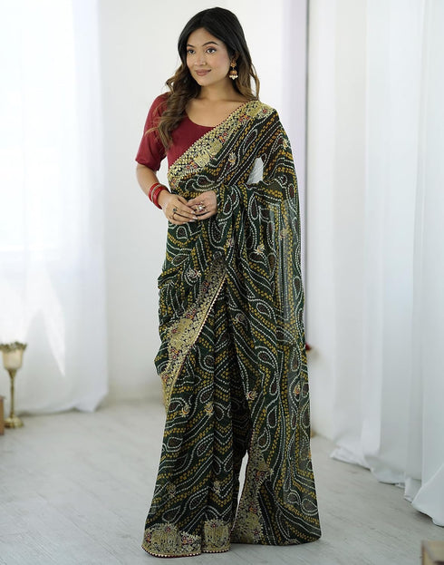 Vasthrlay Georgette Printed Green Saree With Red Unstitched Blouse Piece