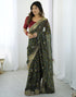 Vasthrlay Georgette Printed Green Saree With Red Unstitched Blouse Piece