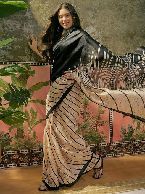 Vasthrlay Womens Printed Unstitched Beige Saree