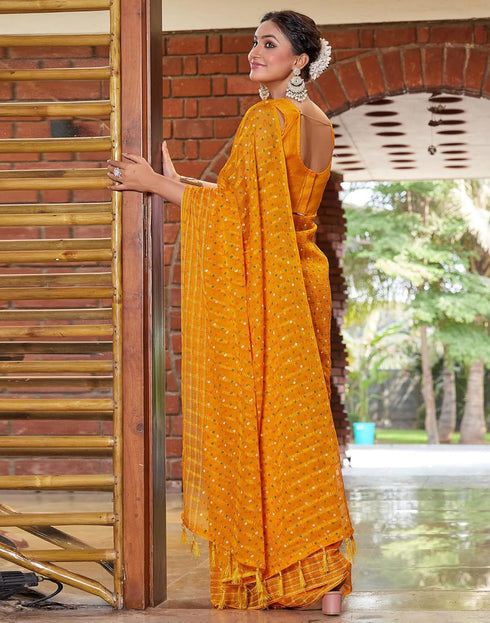 Vasthrlay Bandhani Printed Unstitched Yellow Saree
