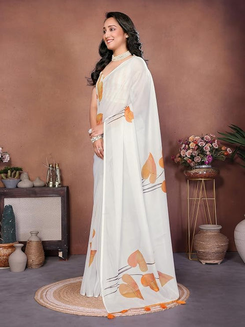 Vasthrlay Off White Leaf Print Organza Saree With Mustard Piping And Ruched Sleeveless Unstitched Blouse Piece