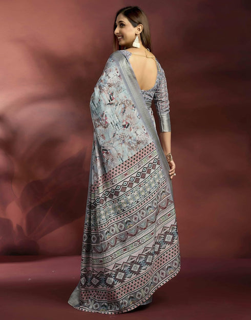Vasthrlay Womens Printed Unstitched Navy Blue Saree