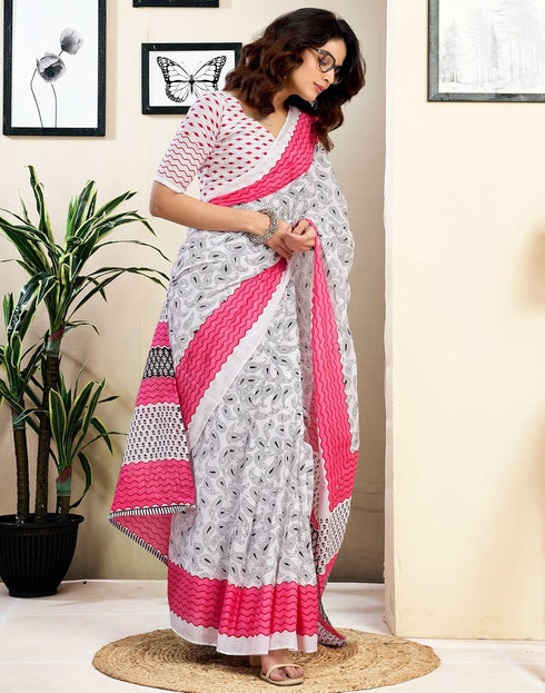 Vasthrlay Womens Printed Unstitched White Saree