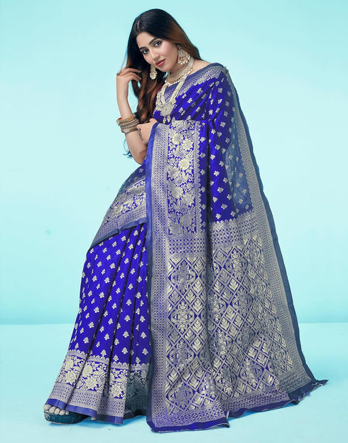 Vasthrlay Banarasi Jacquard Blue Saree With Unstitched Blouse Piece