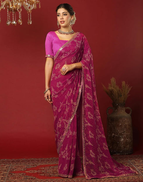 Vasthrlay Georgette Bandhani Unstitched Rani Pink Saree
