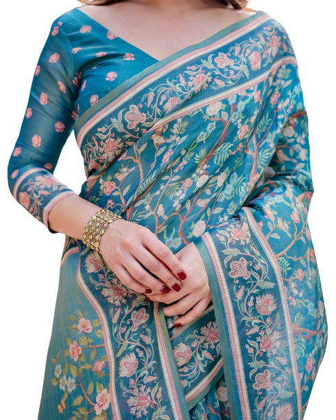 Vasthrlay Turquoise Embroidery Traditional Saree