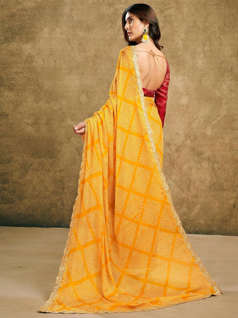Vasthrlay Chiffon Bandhani Unstitched Yellow Saree