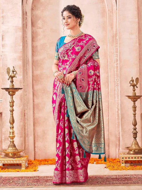 Vasthrlay Womens Banarasi Unstitched Yellow Saree