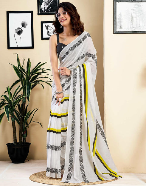 Vasthrlay Womens Printed White Saree With Black Unstitched Blouse Piece