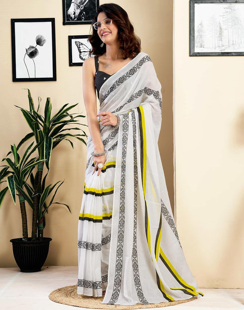 Vasthrlay Womens Printed Unstitched White Saree