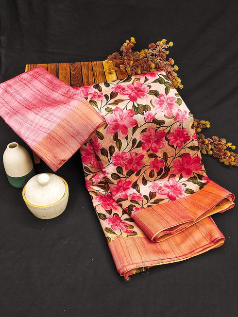 Vasthrlay Tussar Printed Contrast