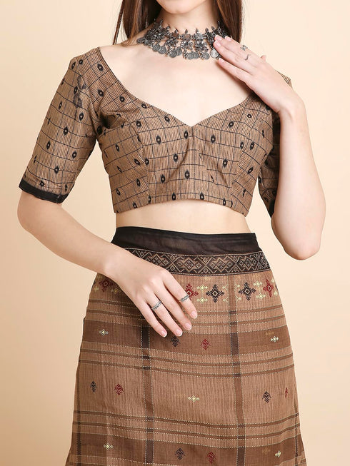 Vasthrlay Cotton Printed Mulmul Brown Saree