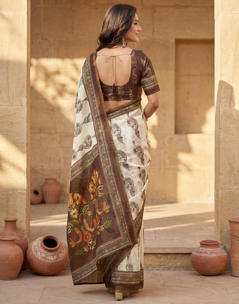 Vasthrlay Chanderi Printed Unstitched Beige Saree