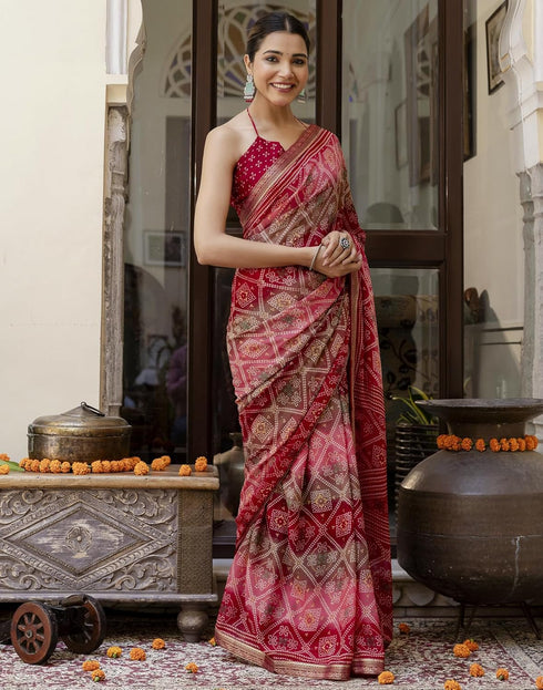 Vasthrlay Georgette Bandhani Unstitched Maroon Saree