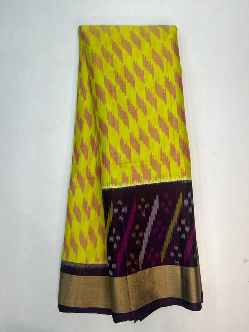 Prakruthi Swarnam Bright Yellow with Purple Double Warp Handloom Pochampally Ikkat Deisgn with Tie and Dye Concept Handloom Soft Silk Saree