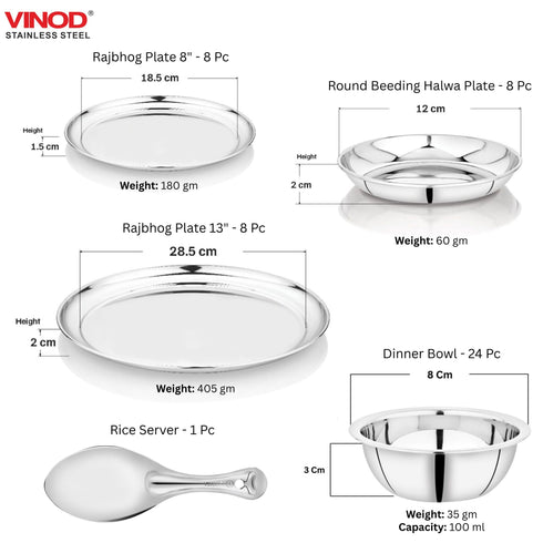 Vinod 85 Pieces Deluxe Stainless Steel Dinner Set Rust Free Heavy Gauge Steel Mirror Finish Dishwasher Safe and ISI Certified